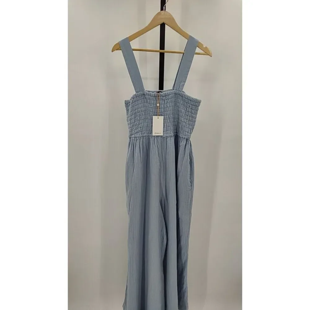 Quince Womens 100% Organic Cotton Gauze Smocked Wide Leg Jumpsuit Ocean Breeze L - Picture 2 of 3
